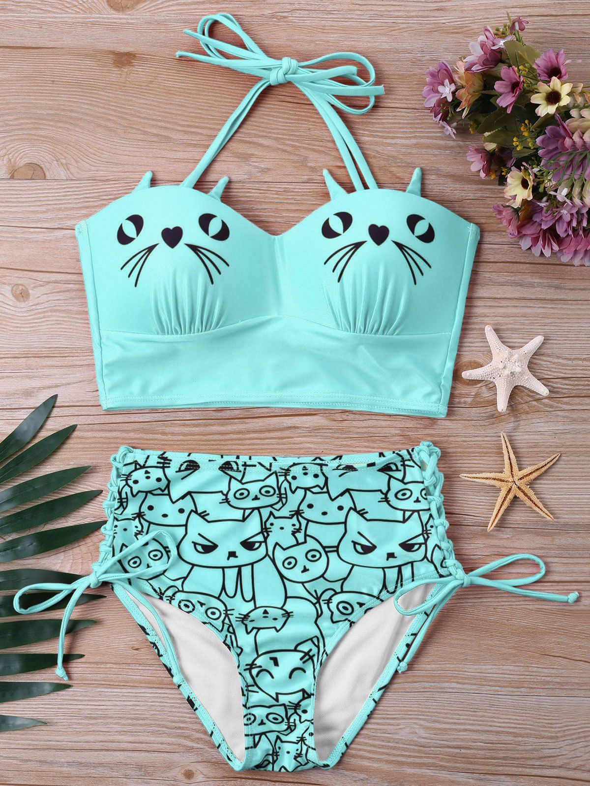 

Kitten Print High Waist Bikini Set, Macaw blue green