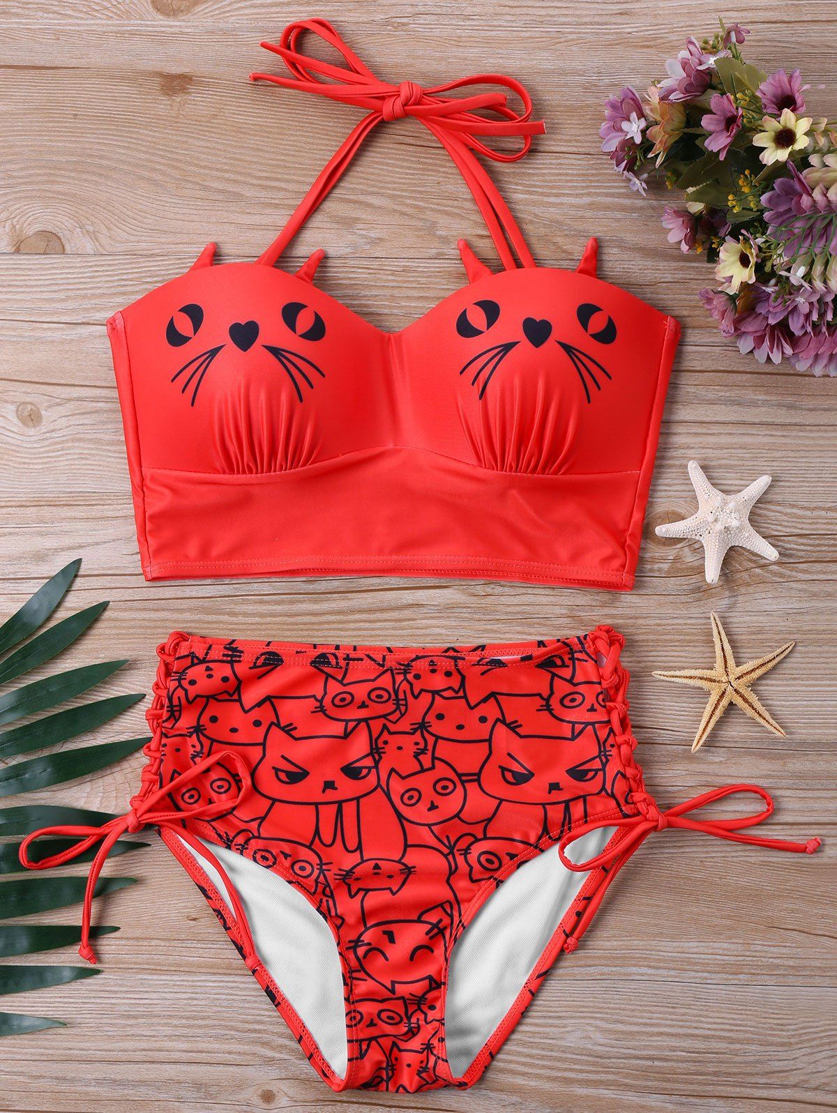 

Kitten Print High Waist Bikini Set, Red