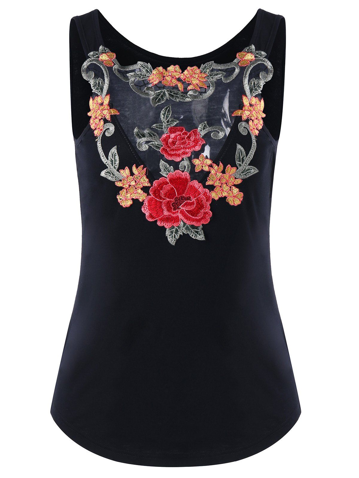 

Sheer Floral Embroidery Tank Top, Black