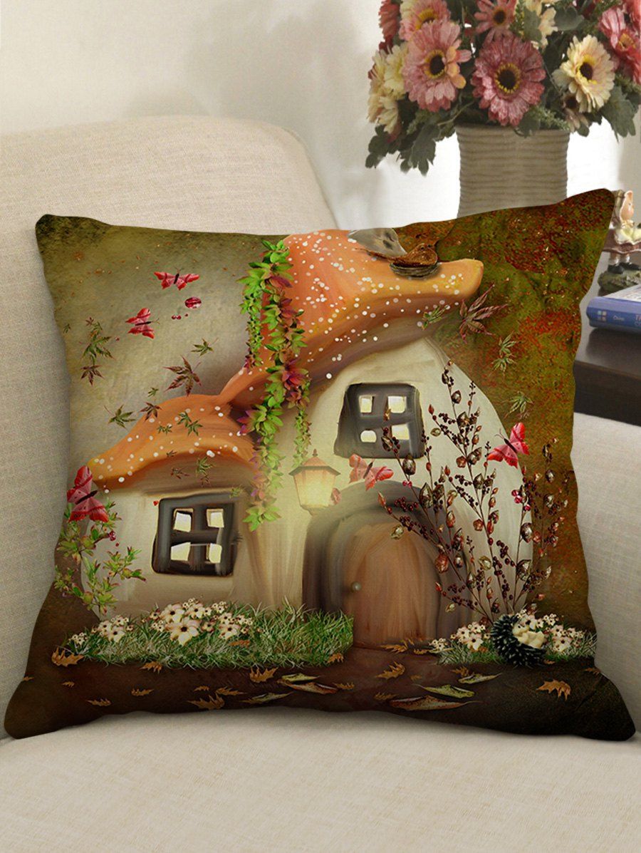 

Mushroom House Flower Printed Home Decor Pillowcase, Multi-g