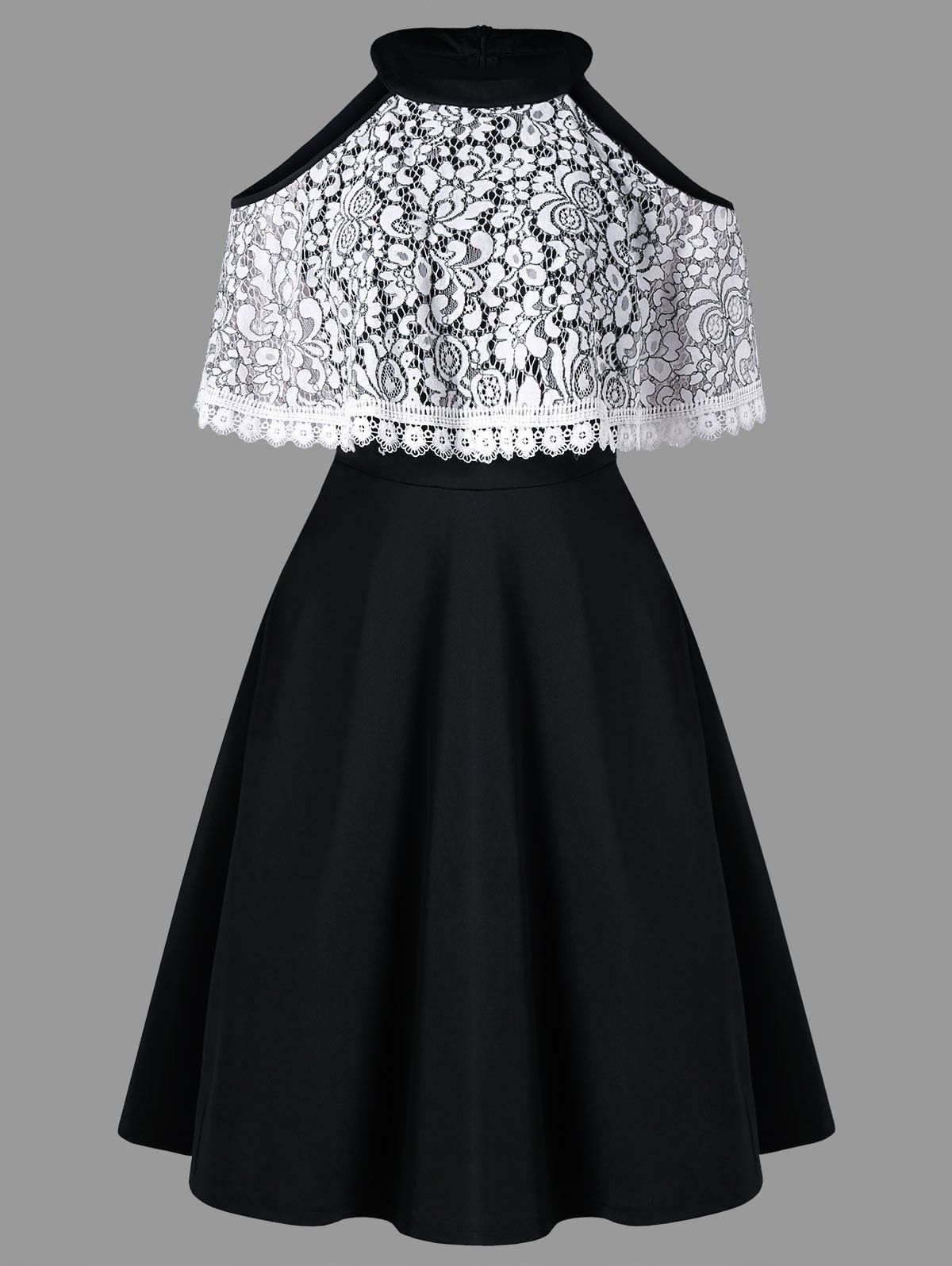 

Cold Shoulder Lace Insert Ruffle Flare Dress, Black