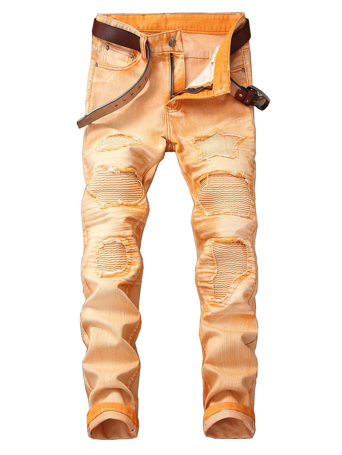 

Zip Fly Straight Leg Destroyed Biker Jeans, Cantaloupe