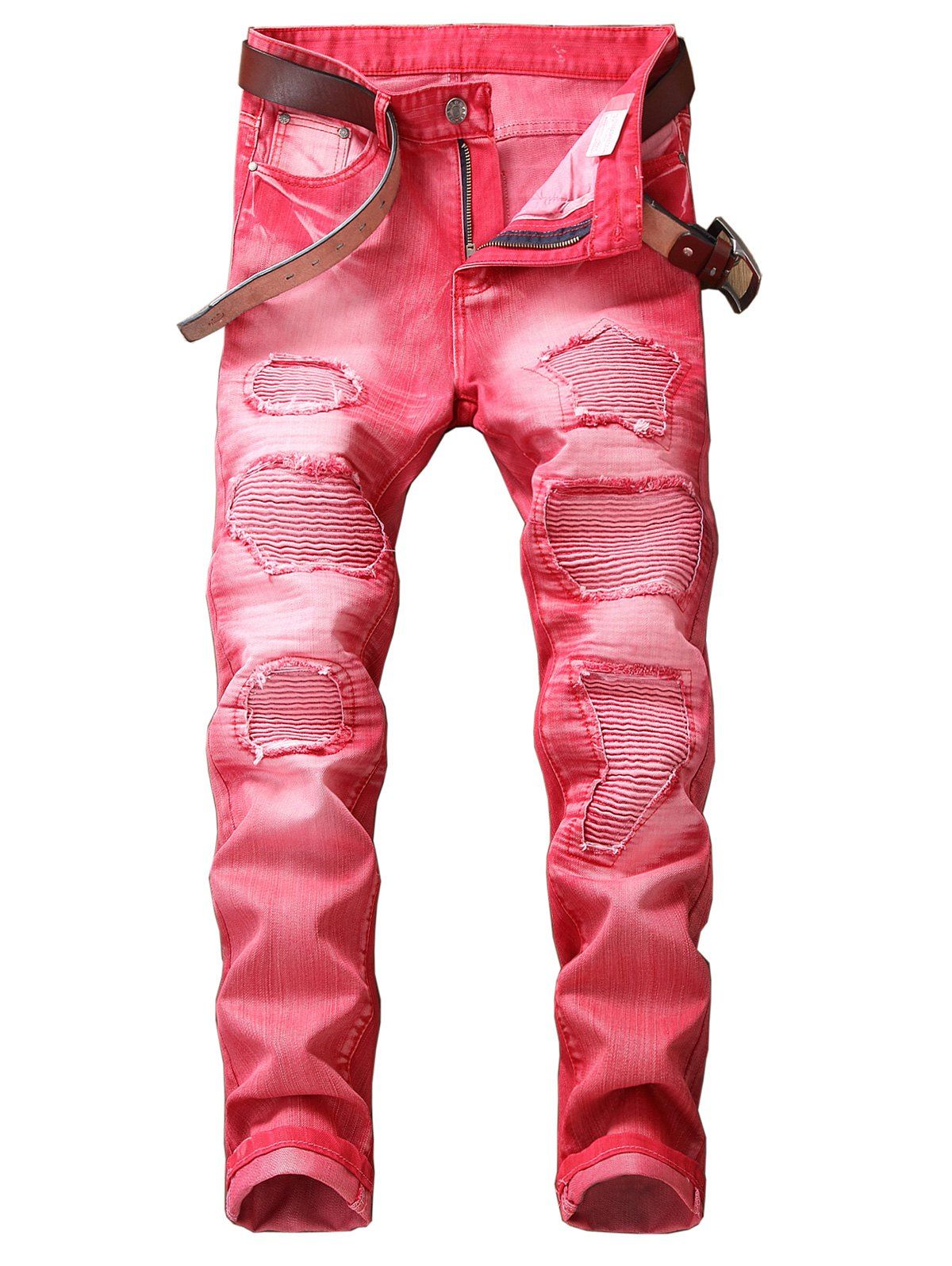 

Zip Fly Straight Leg Destroyed Biker Jeans, Rose red