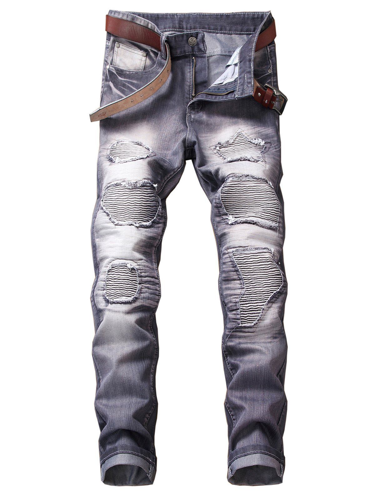 

Zip Fly Straight Leg Destroyed Biker Jeans, Slate blue