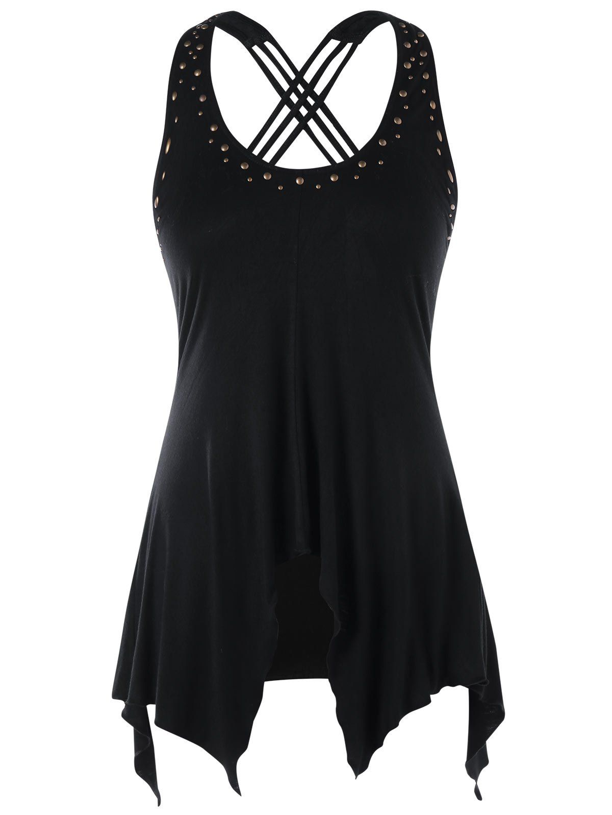 

Rivet Embellished Criss Cross Handkerchief Tank Top, Black