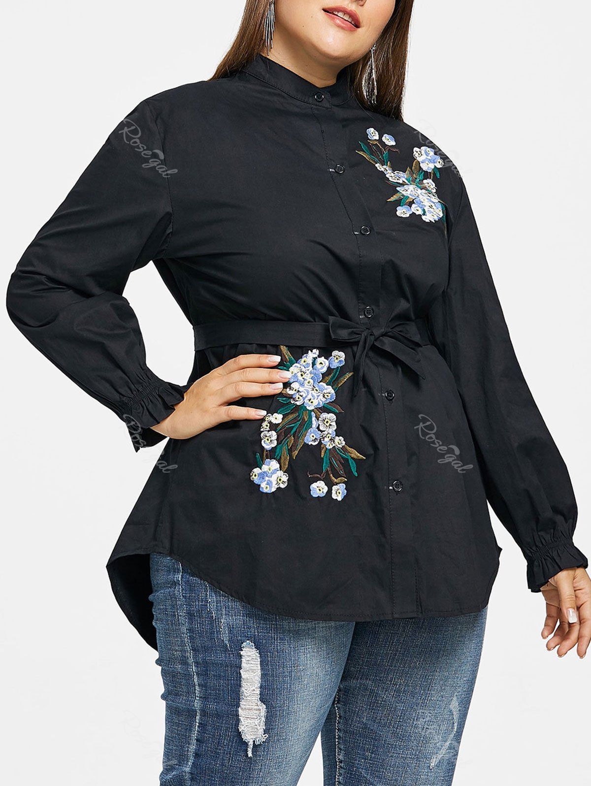 [36% OFF] Plus Size Elastic Cuffs Floral Embroidery Shirt | Rosegal