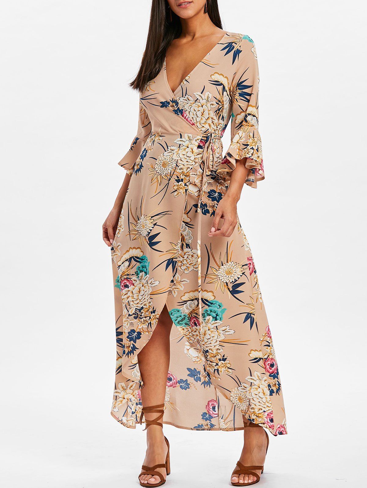 Sale Bell Sleeve Flower Print  Wrap Maxi Dress  
