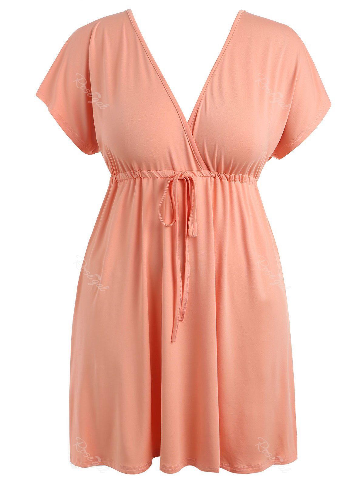 

Drawstring Waist Plus Size Plunge Mini Dress, Light pink