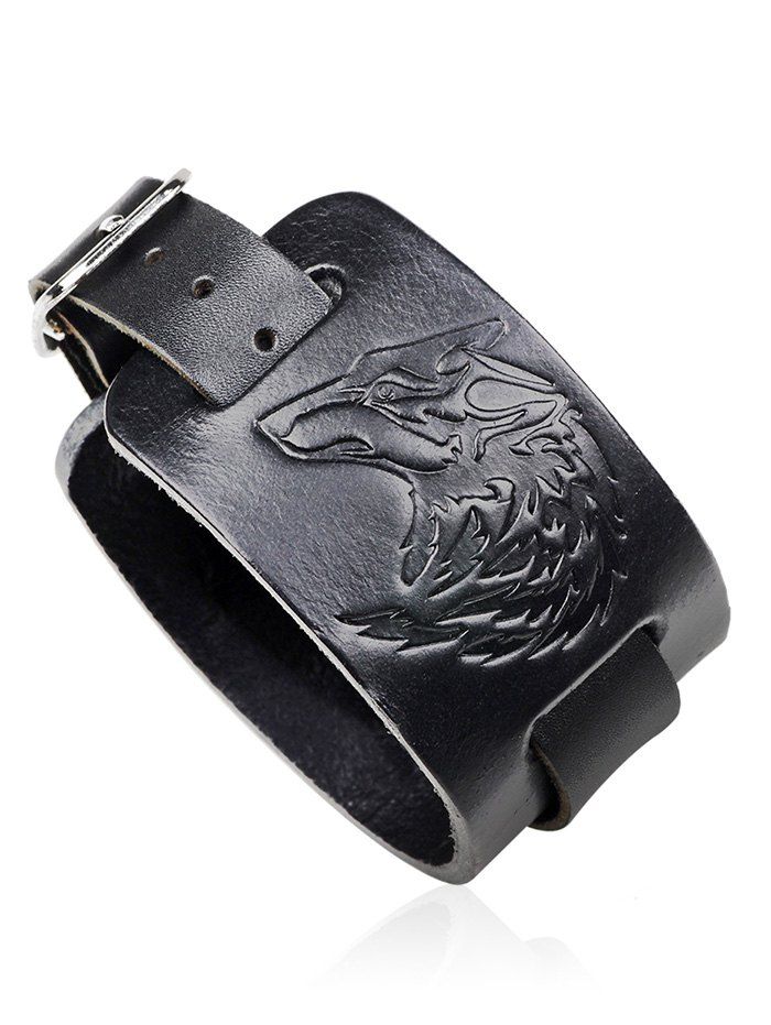 

Punk Faux Leather Wolf Printing Bracelet, Black
