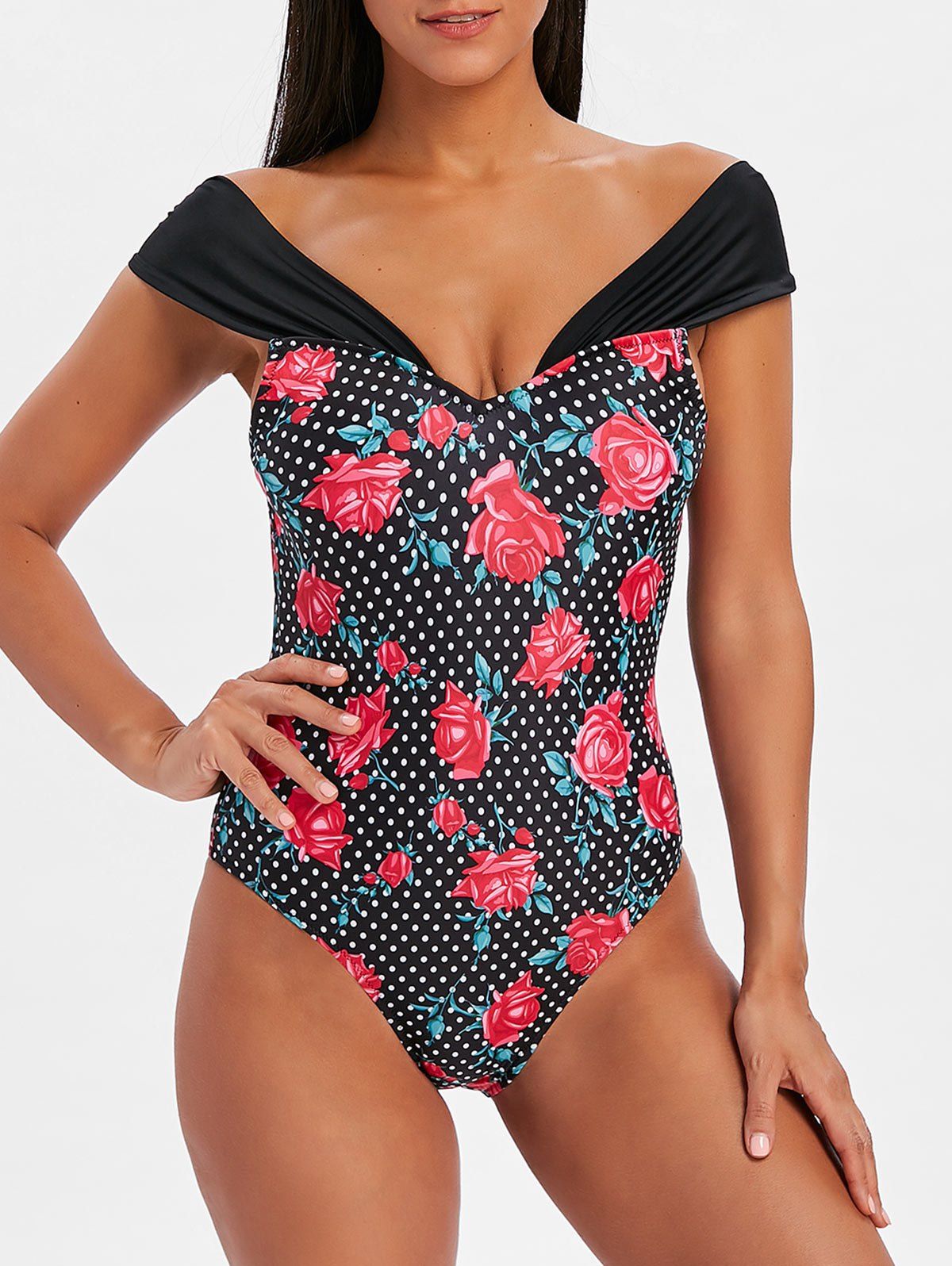 

One-pieceRose Floral Backless Swimsuit, Black