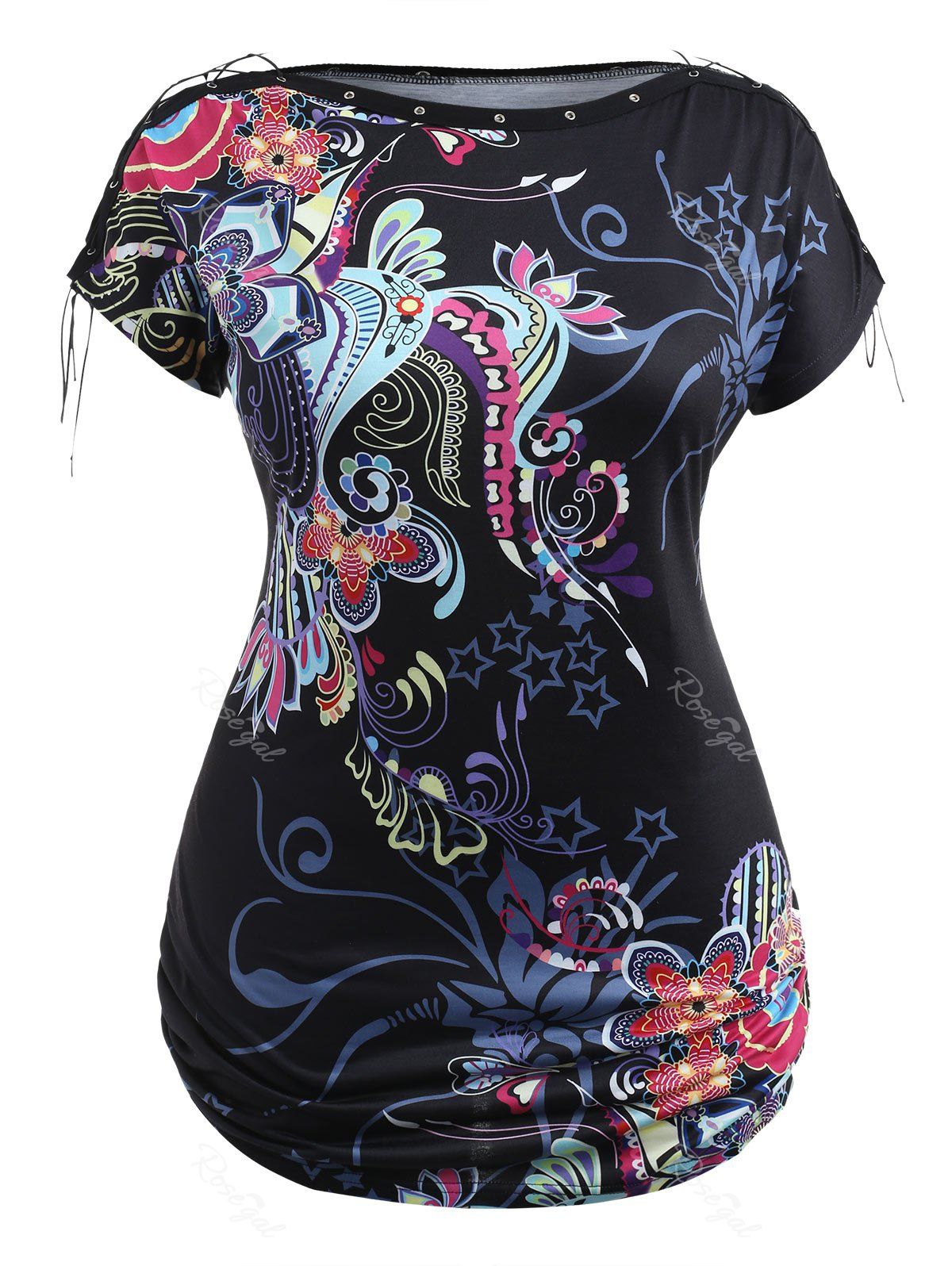 

Plus Size Print Lace Up Shoulder T-shirt, Black