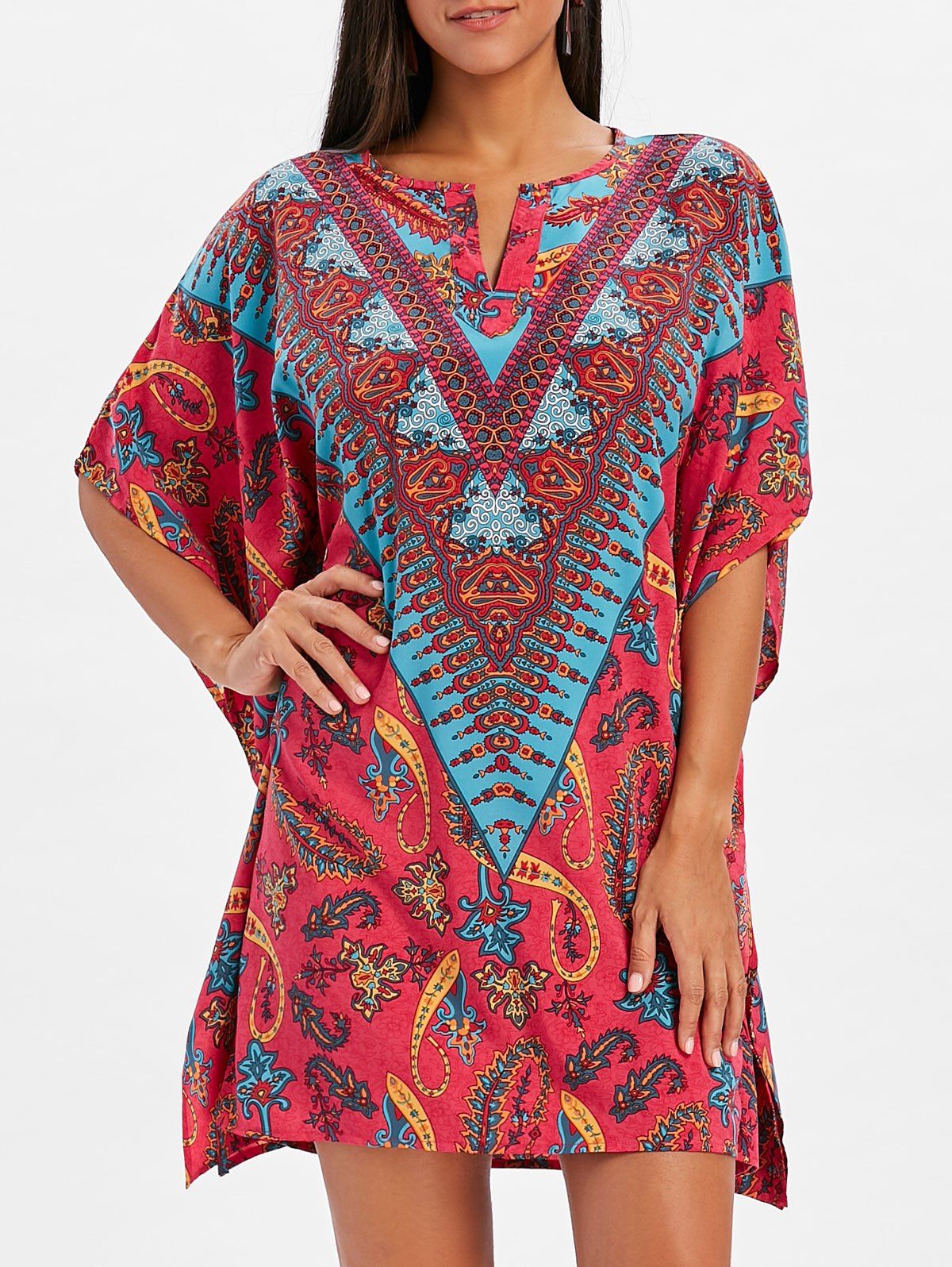 

Split Neck Tribal Print Caftan Dress, Multi