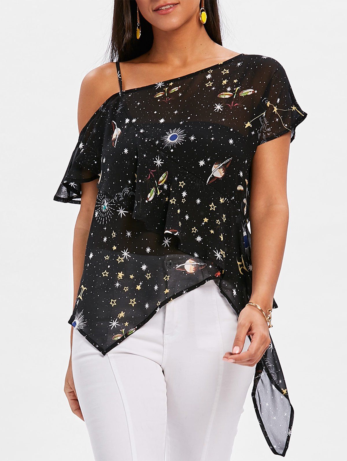 

Asymmetrical Cold Shoulder Galaxy Sheer Blouse, Black