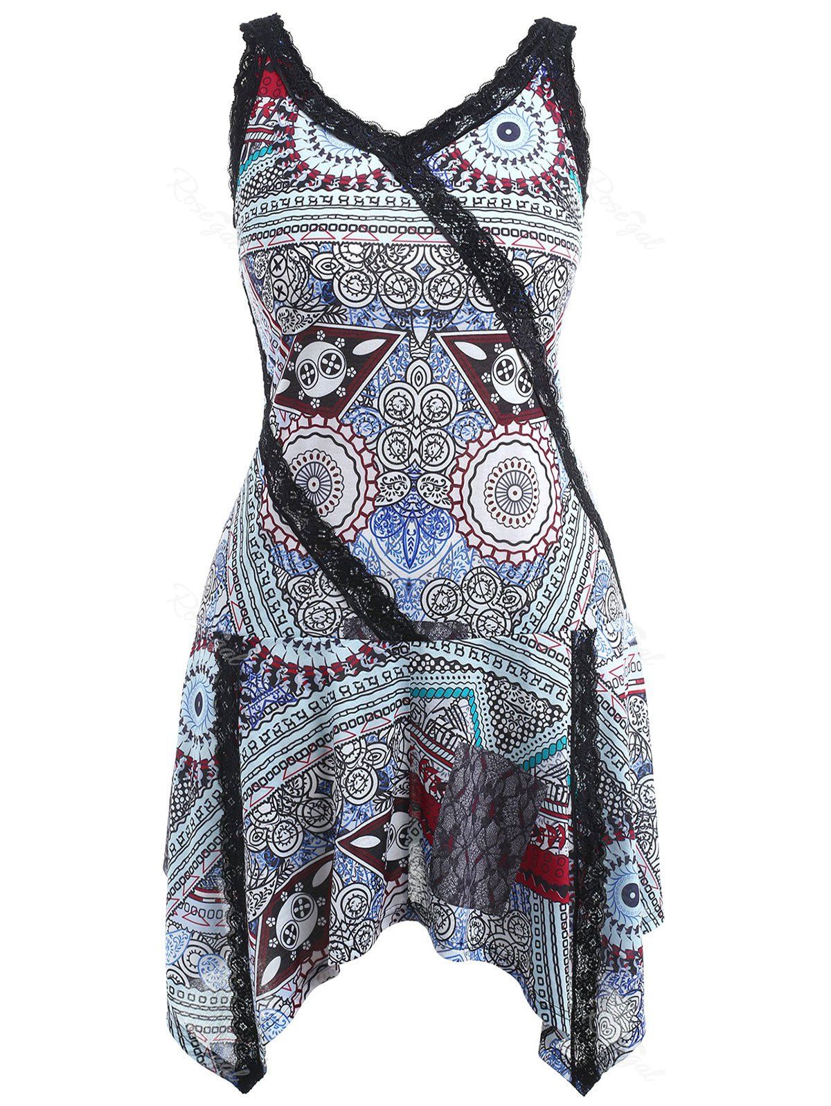 

Plus Size Print Lace Trim Dress, Multi