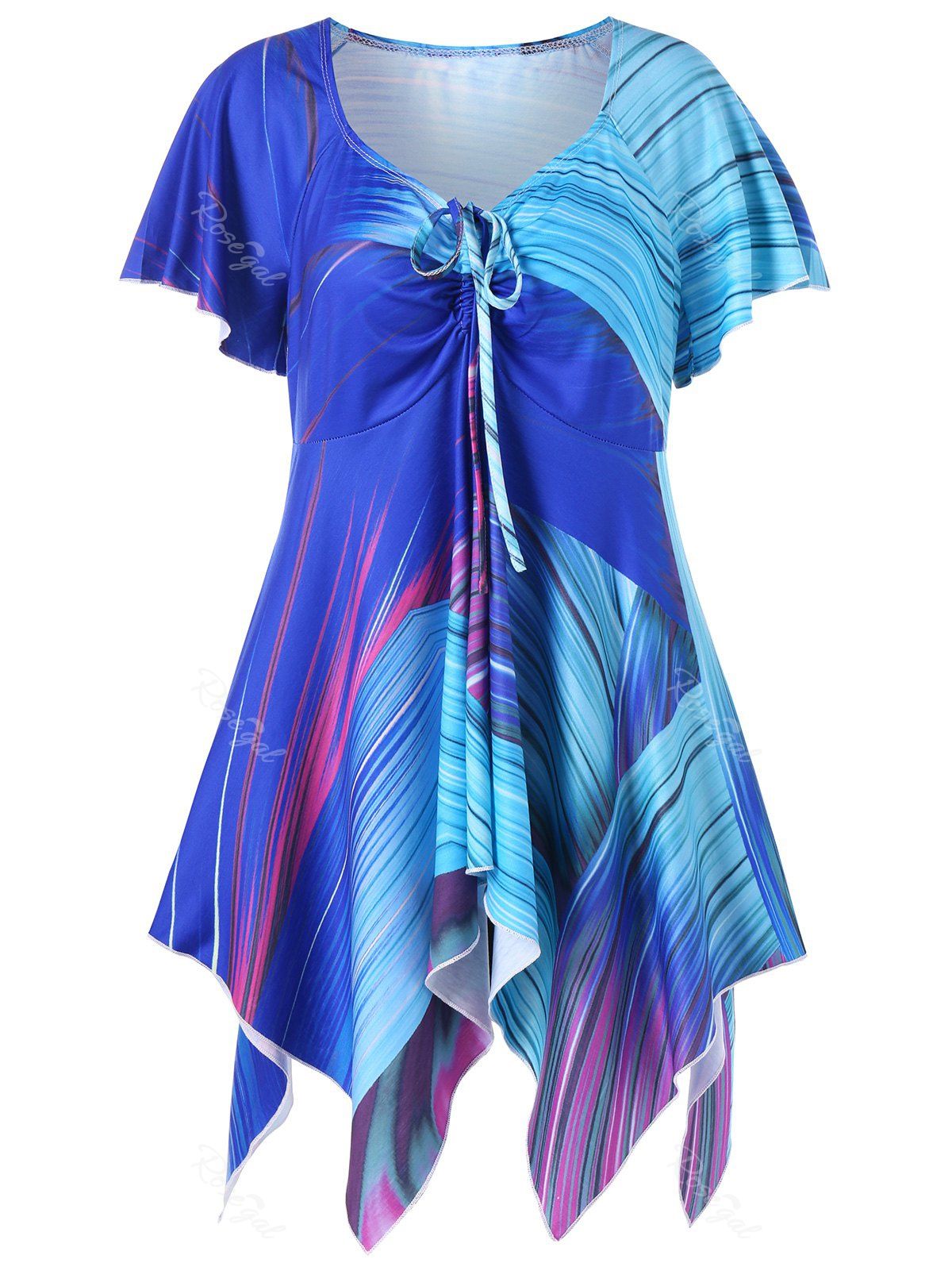 

Plus Size V Neck Rainbow Handkerchief T-shirt, Sky blue