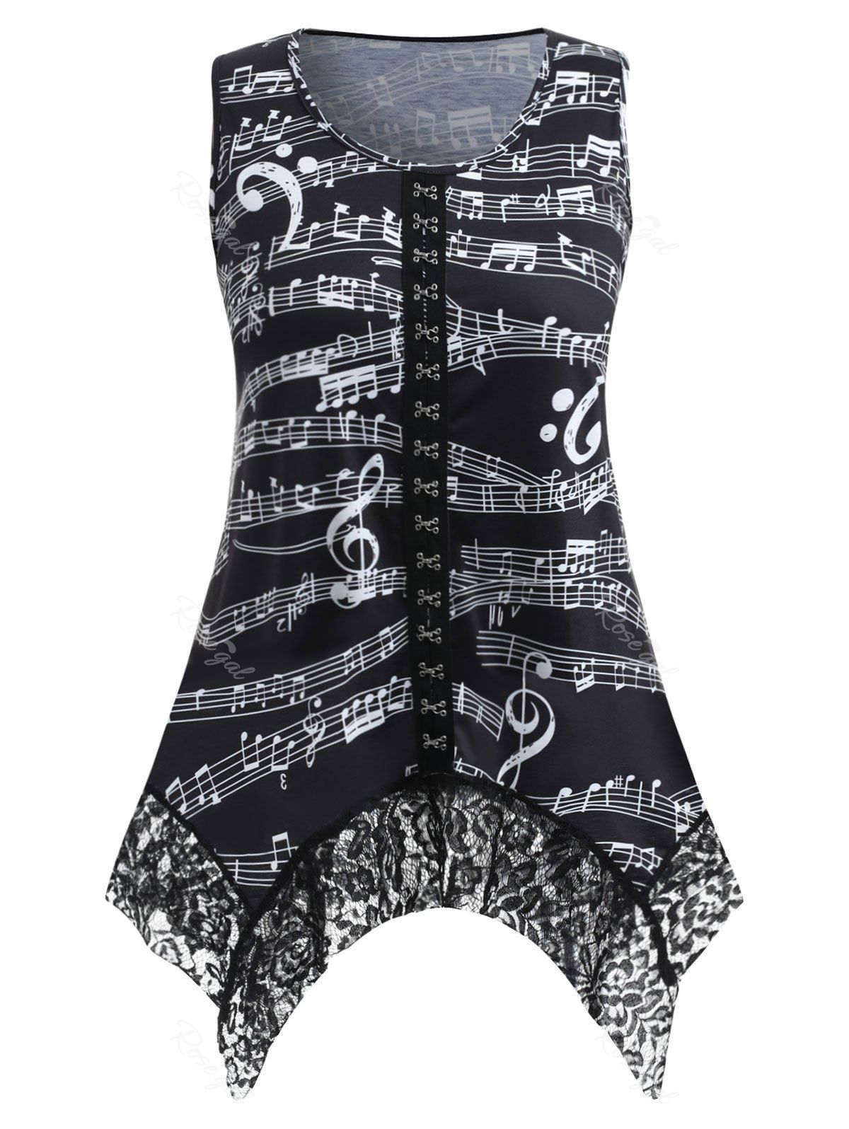 

Plus Size Hook Eye Music Note Tank Top, Black