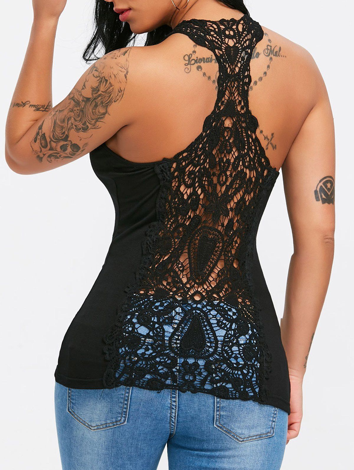 

Lace Trim U Neck Racerback Tank Top, Black
