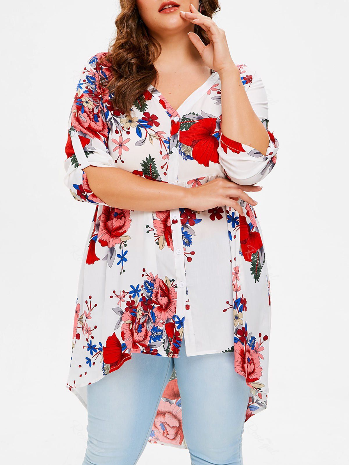 

Plus Size Floral High Low Shirt, White