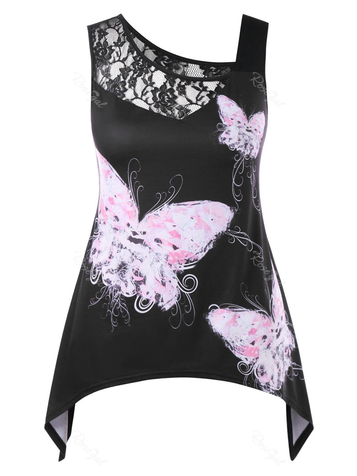 

Plus Size Skew Collar Butterfly Print Tank Top, Black