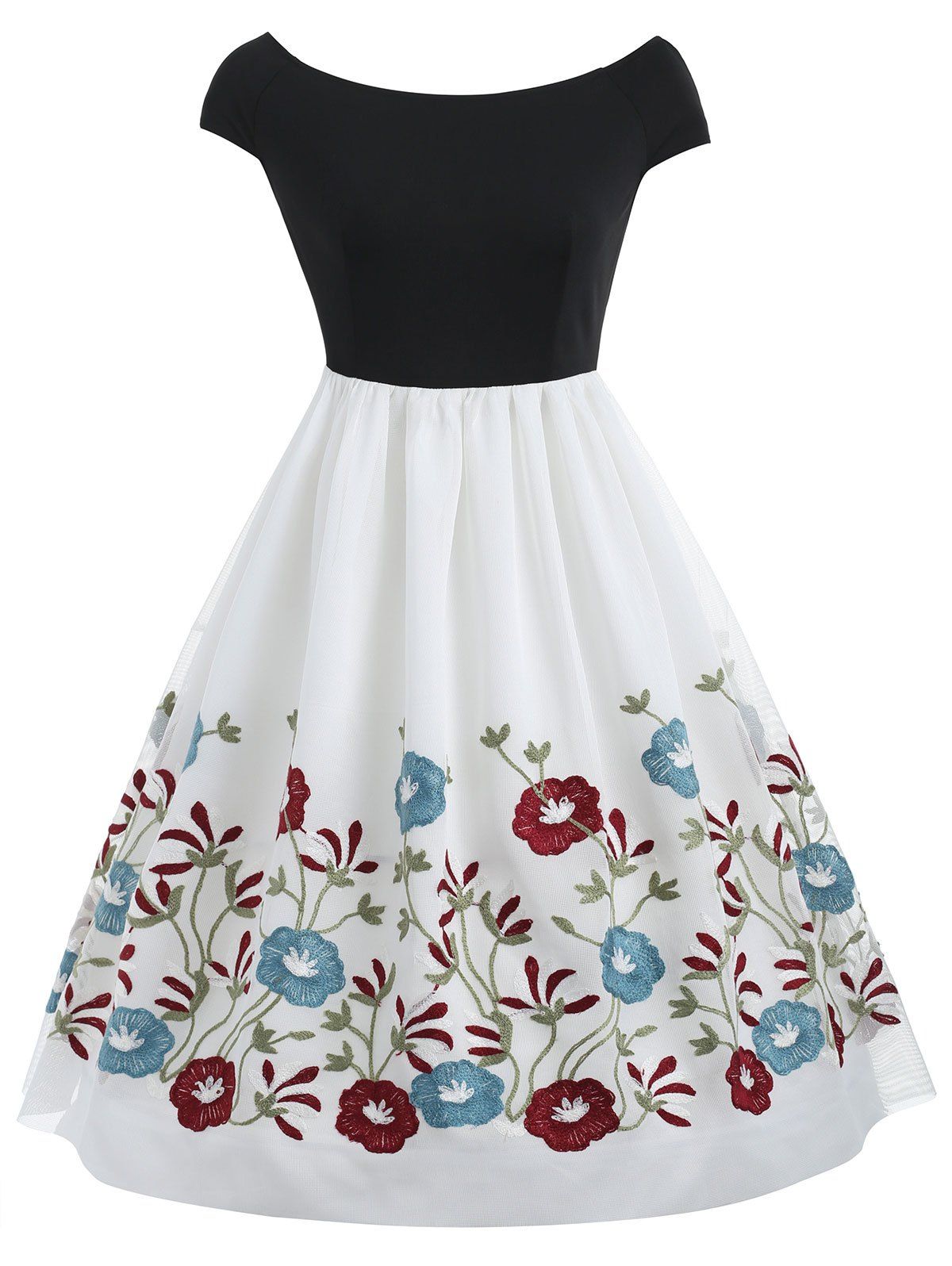 

Mesh Floral Embroidery Flare Dress, Black