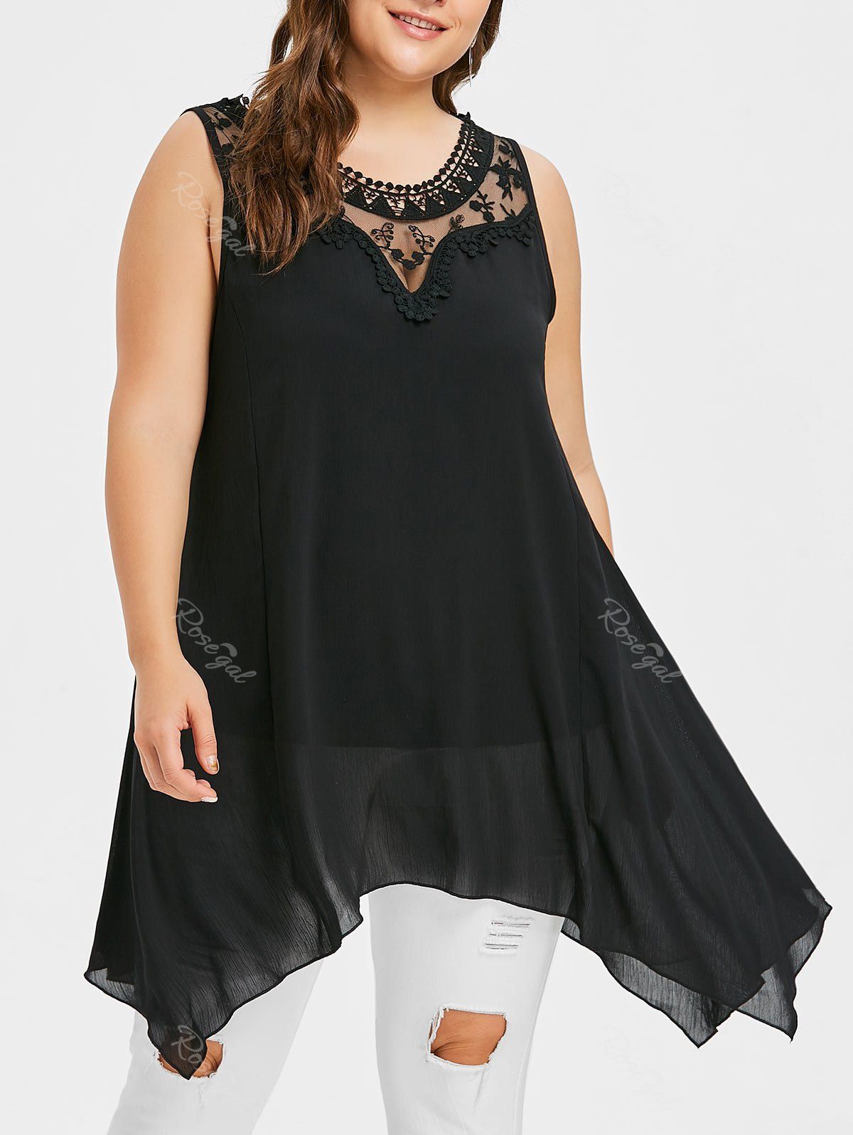 

Plus Size Mesh Yoke Swing Top, Black