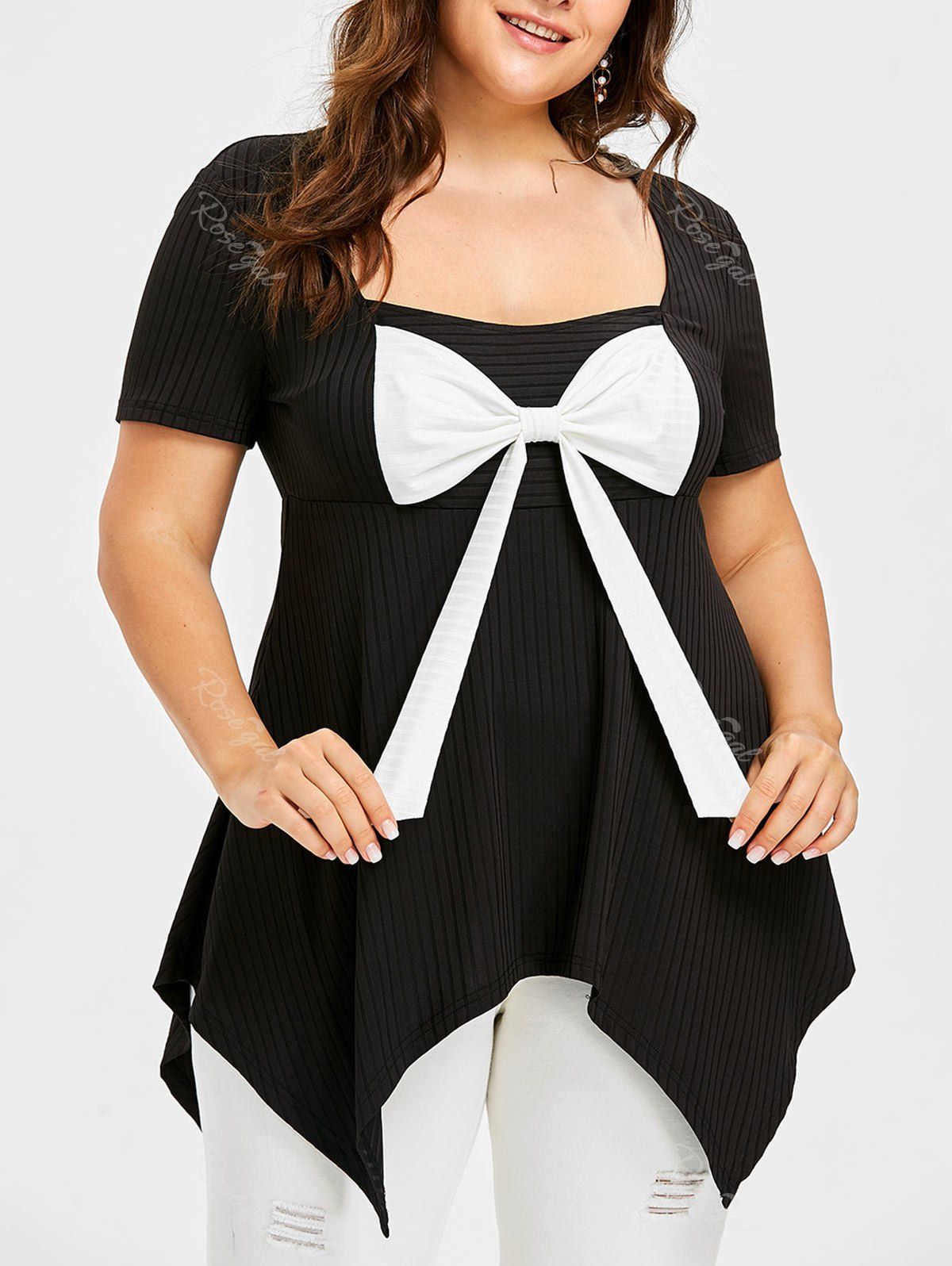 

Plus Size Square Neck Bow Bust T-shirt, Black