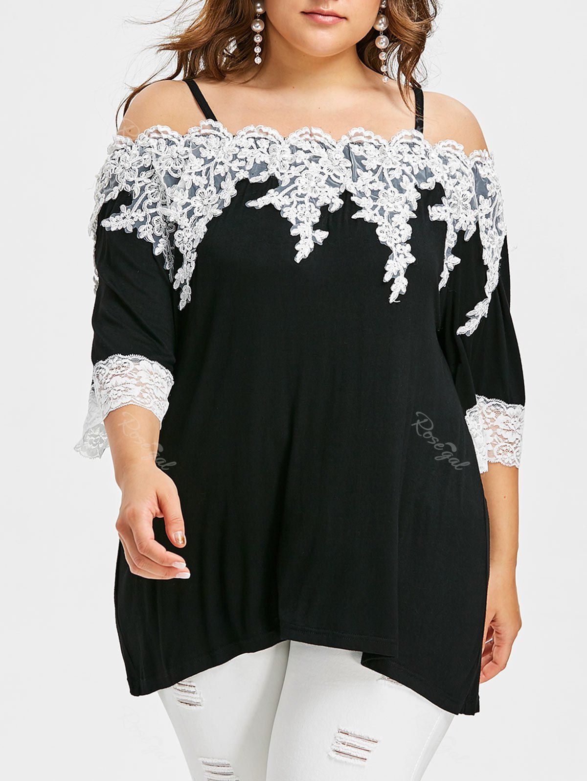 

Applique Plus Size Lace Panel T-shirt, Black