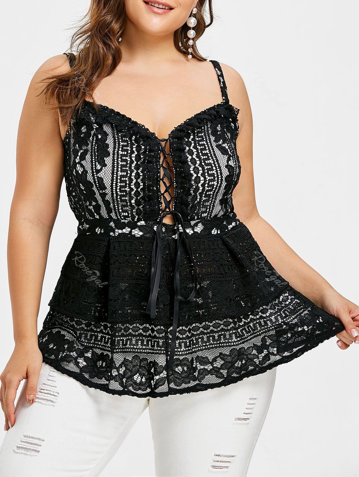 

Lace-up Plus Size Swing Tank Top, Black