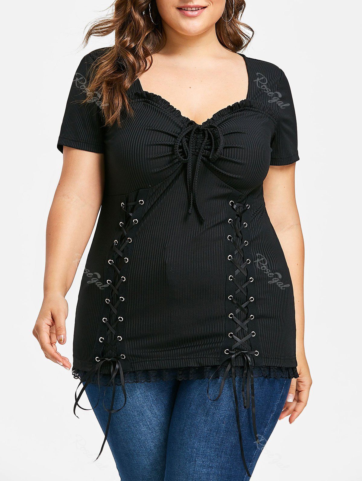 2019 plus size lace up square neck t shirt