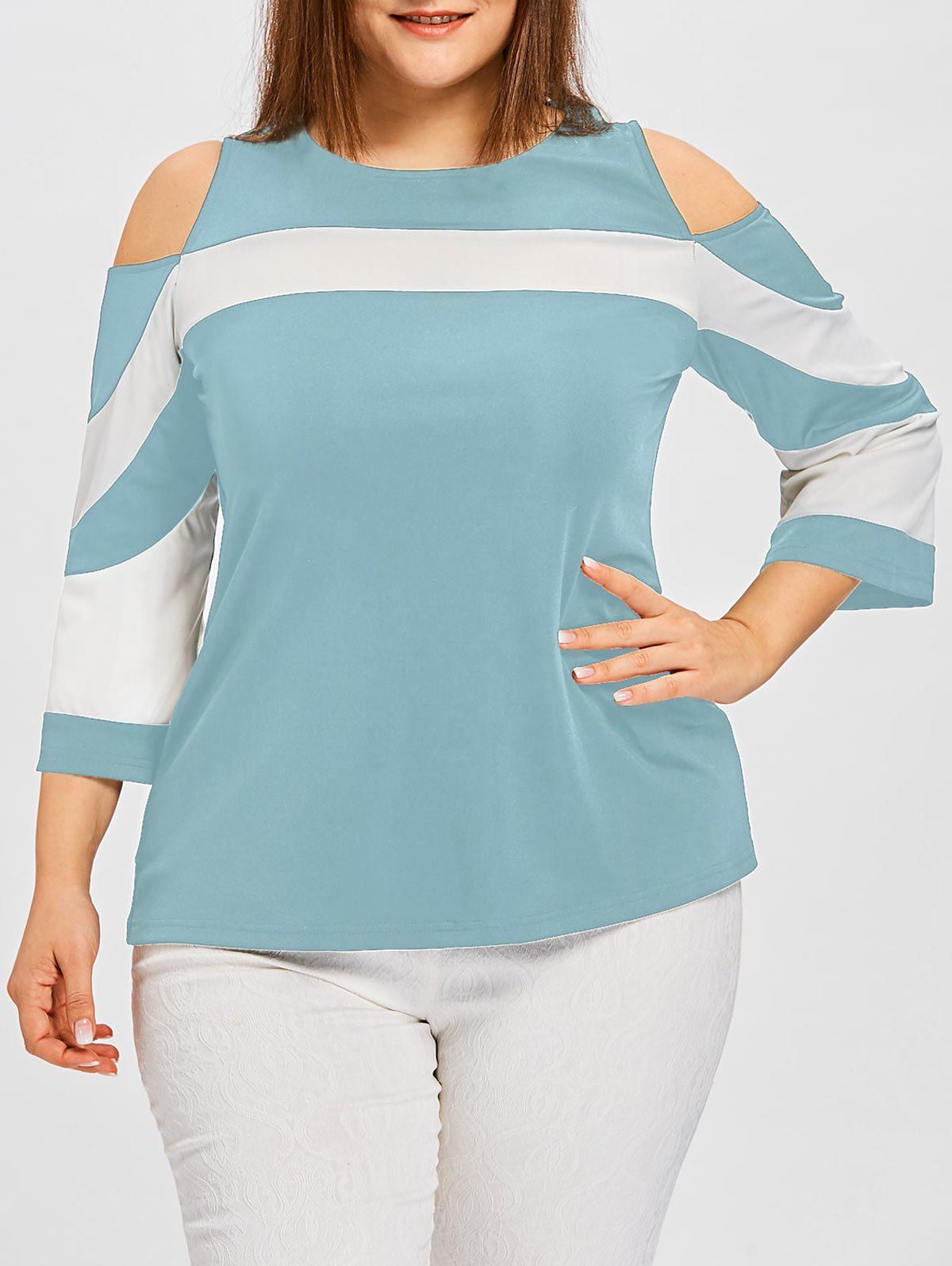 

Plus Size Color Block Cutout Shoulder Tee, Coral blue