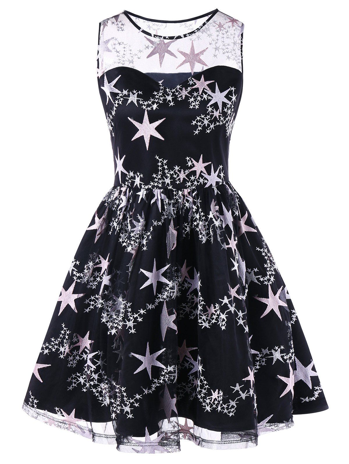 

Vintage Stars Print Mesh Insert Swing Dress, Black