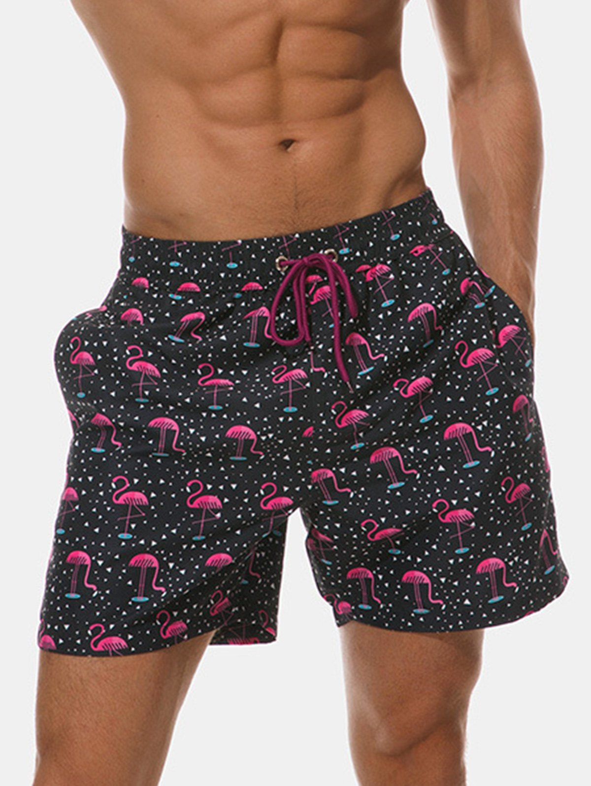 

Flamingo Spot Print Drawstring Beach Shorts, Multi