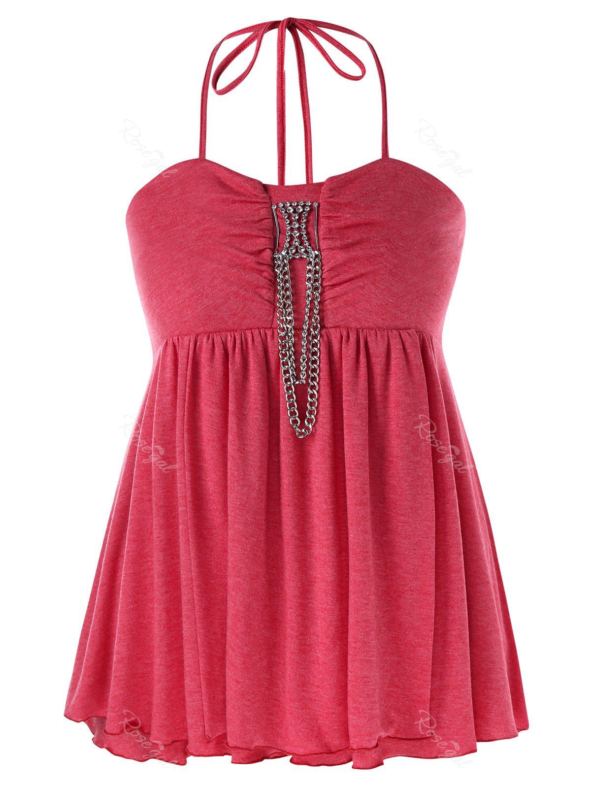 

Plus Size Chains Embellished Halter Neck Babydoll Top, Red