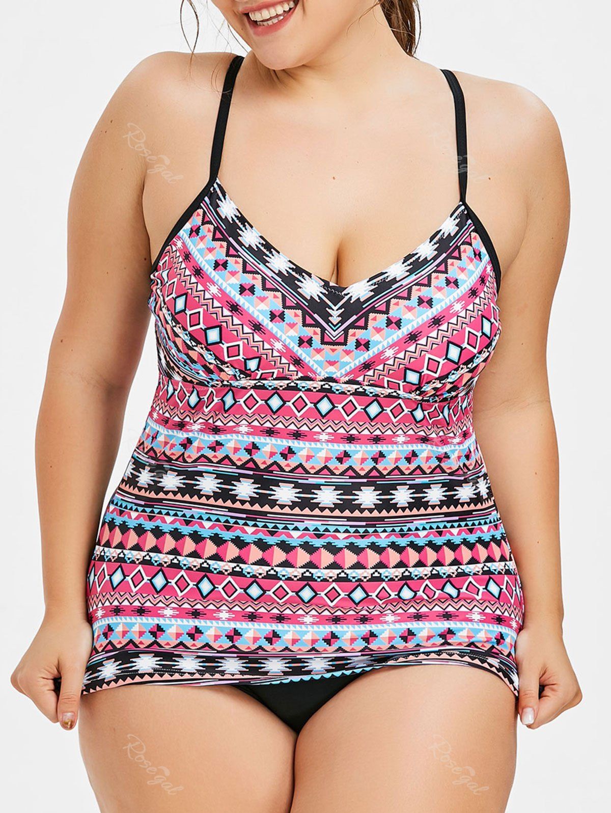 

Plus Size Geometric Cami Tankini Set, Rose red