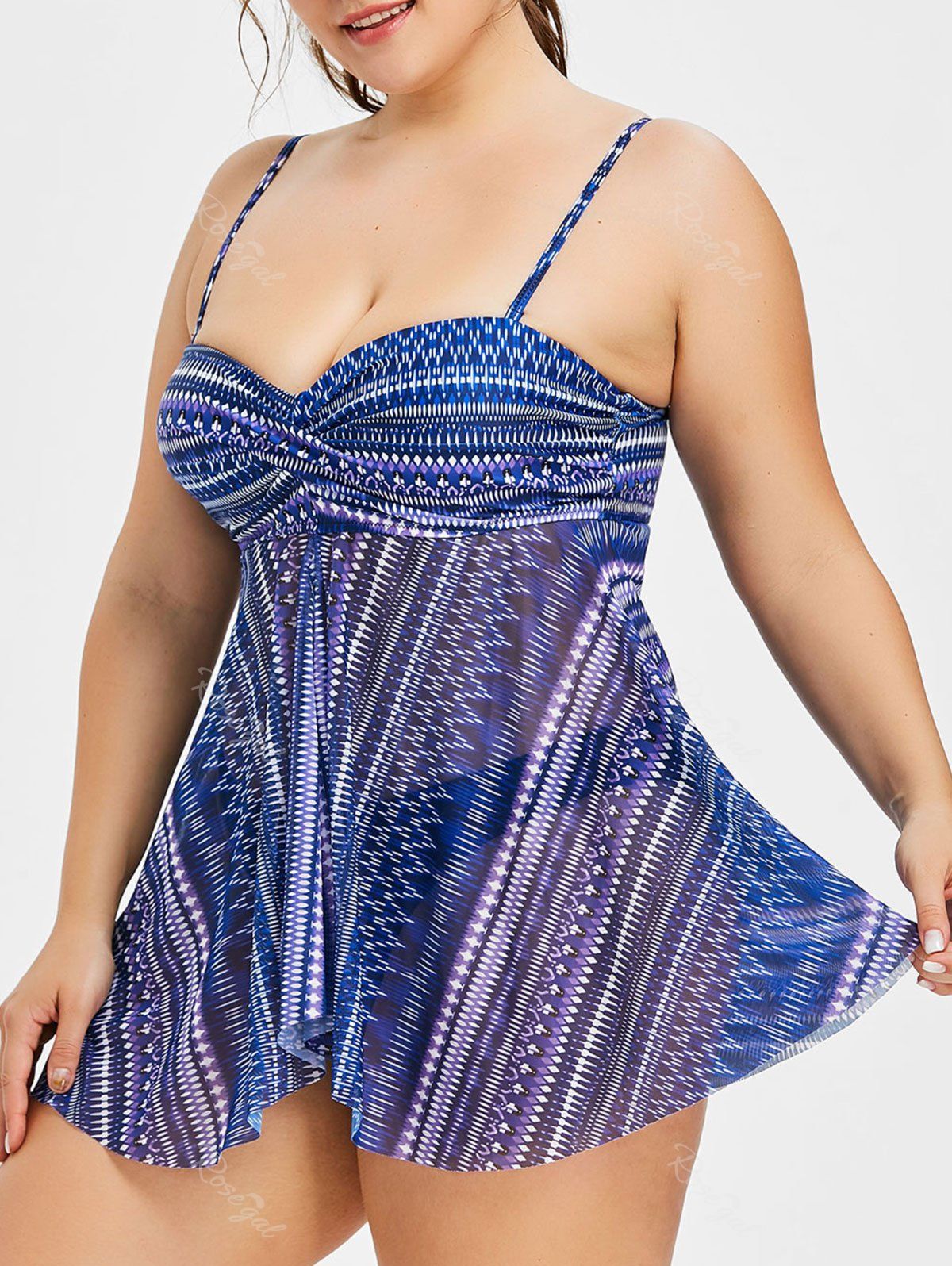 

Plus Size Geometric Flyaway Tankini Set, Cobalt blue