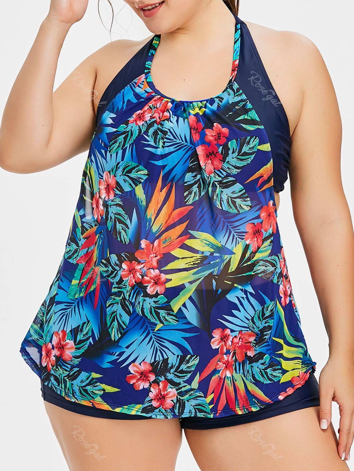 

Plus Size Flower Double Up Tankini Set, Midnight blue