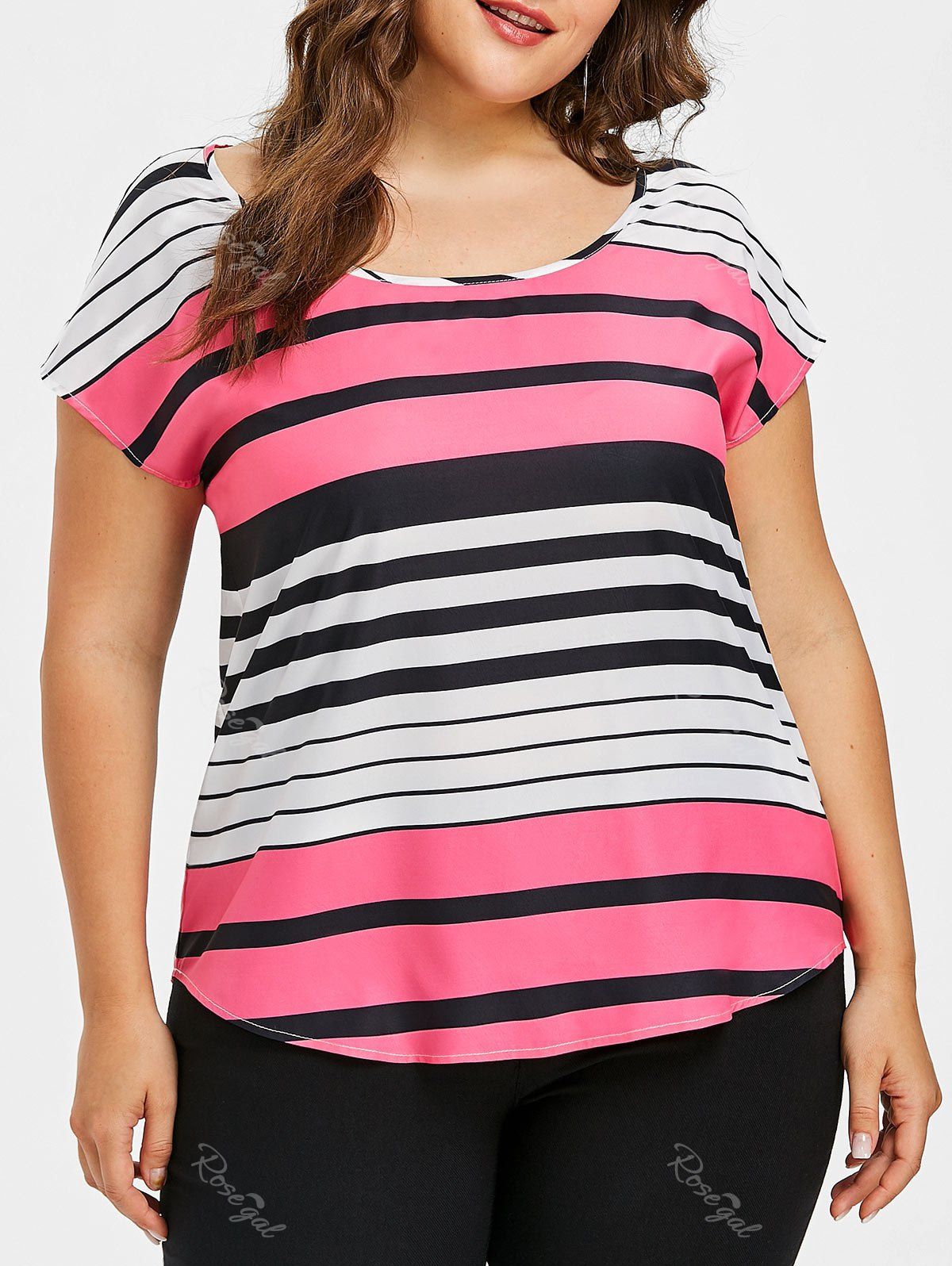 

Plus Size Batwing Sleeve Stripe T-shirt, Sangria