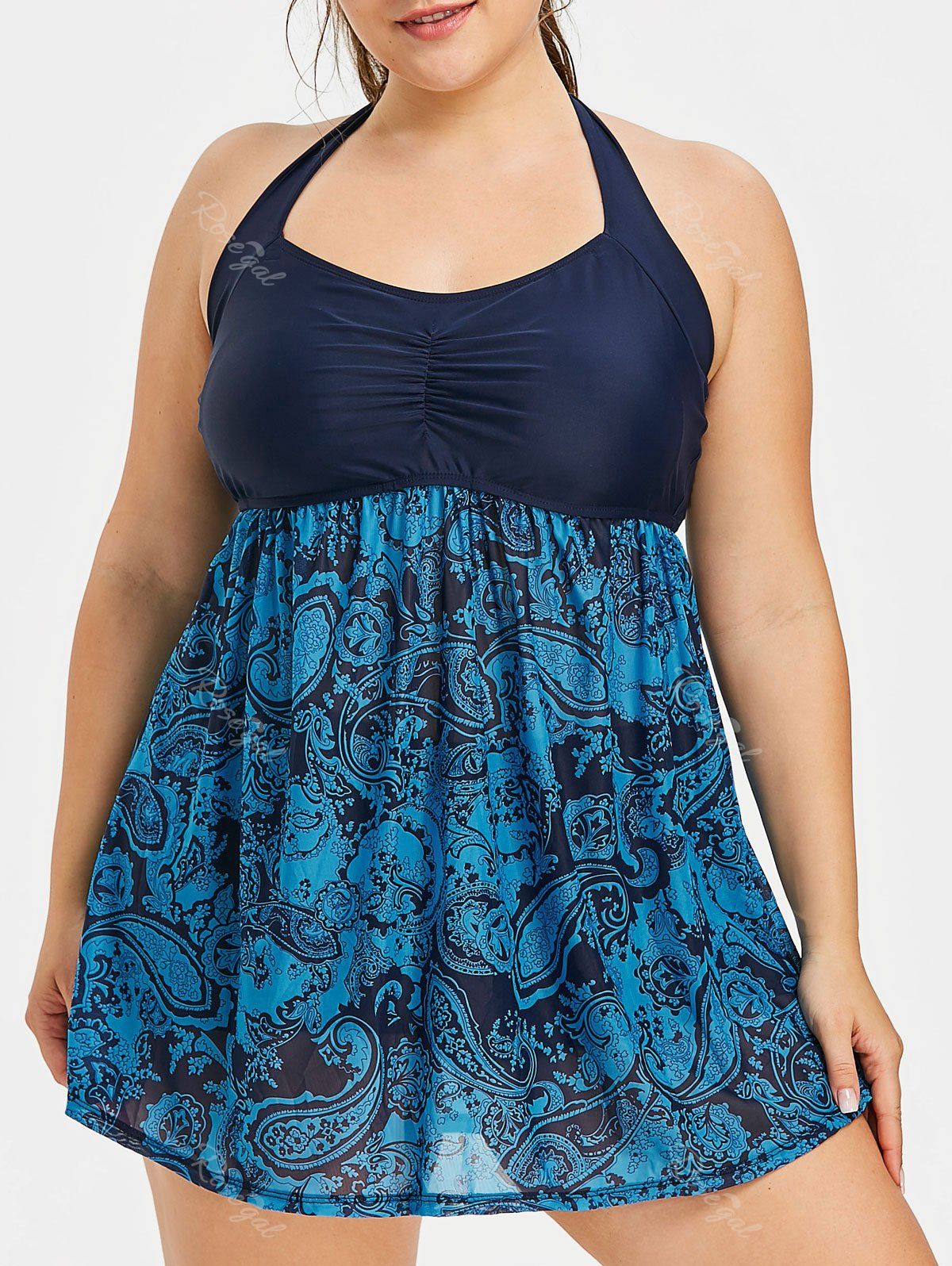

Plus Size Paisley Sheer Mesh Tankini Set, Midnight blue