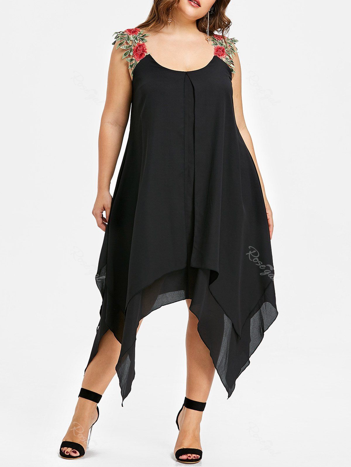 

Plus Size Embroidery Sleeveless Handerkerchief Dress, Black