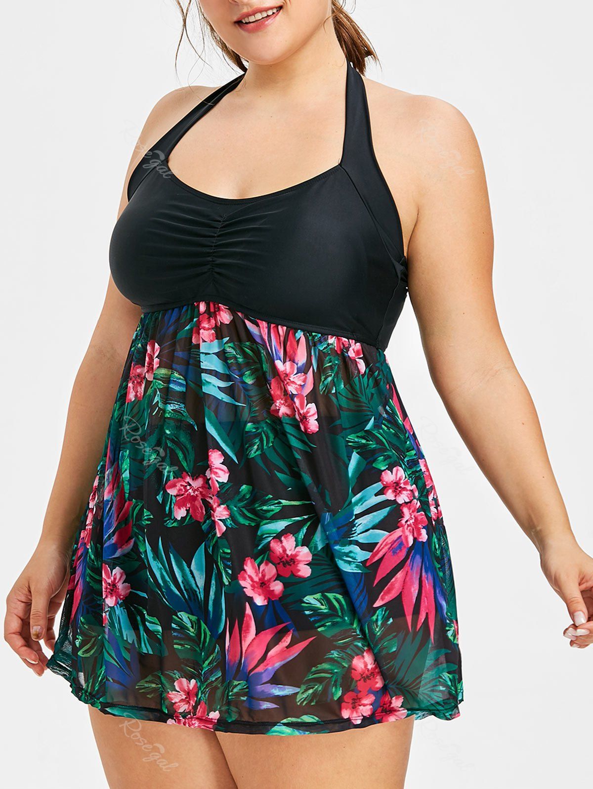 

Plus Size Floral Print Skirted Tankini Set, Black