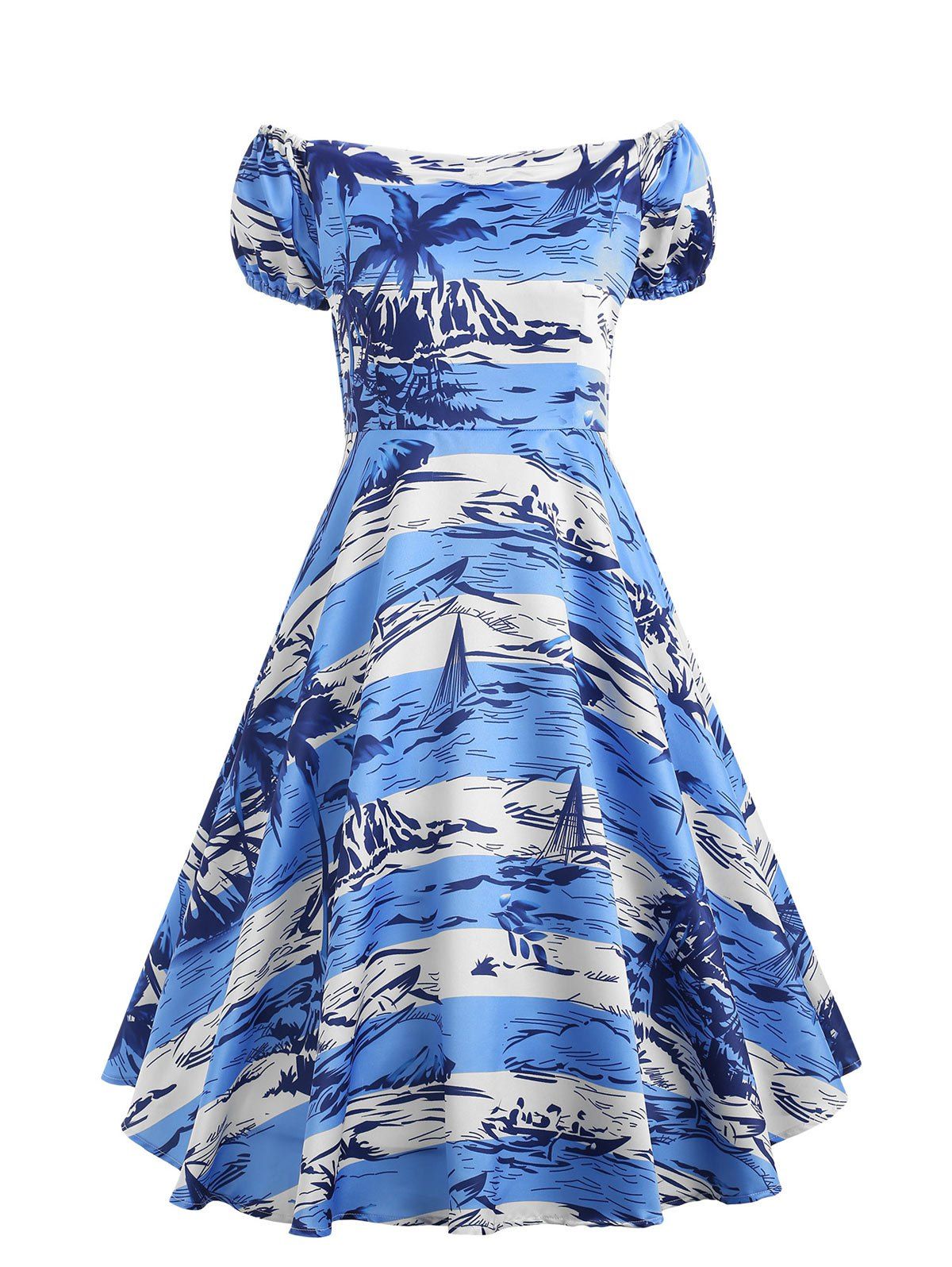 

High Waisted Tropical Printed Vintage Dress, Multi