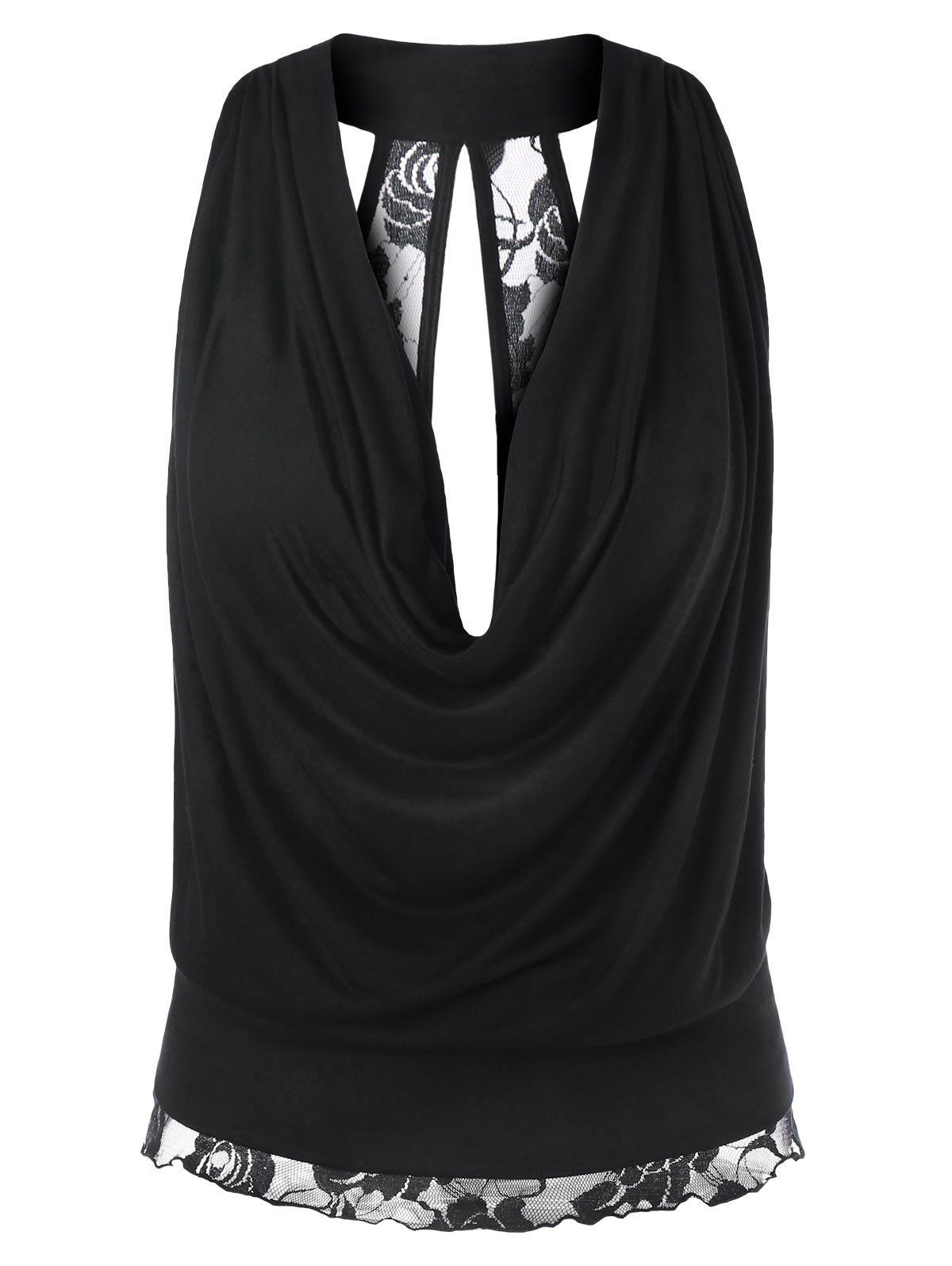 

Drape Neck Lace Panel Tank Top, Black