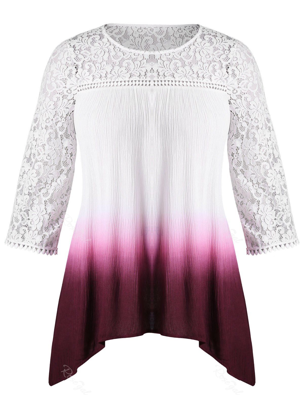 

Plus Size Lace Panel Ombre Color Top, White