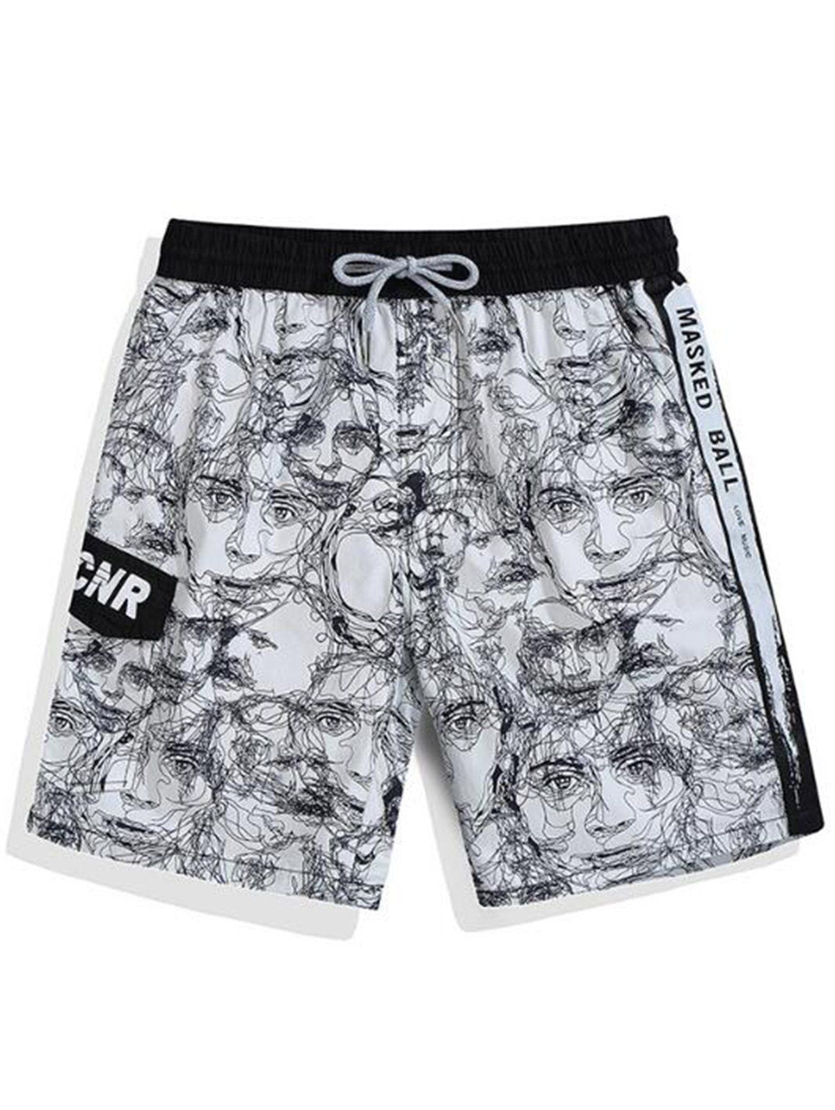 

Pockets Face Line Drawing Print Hawaiian Shorts, White