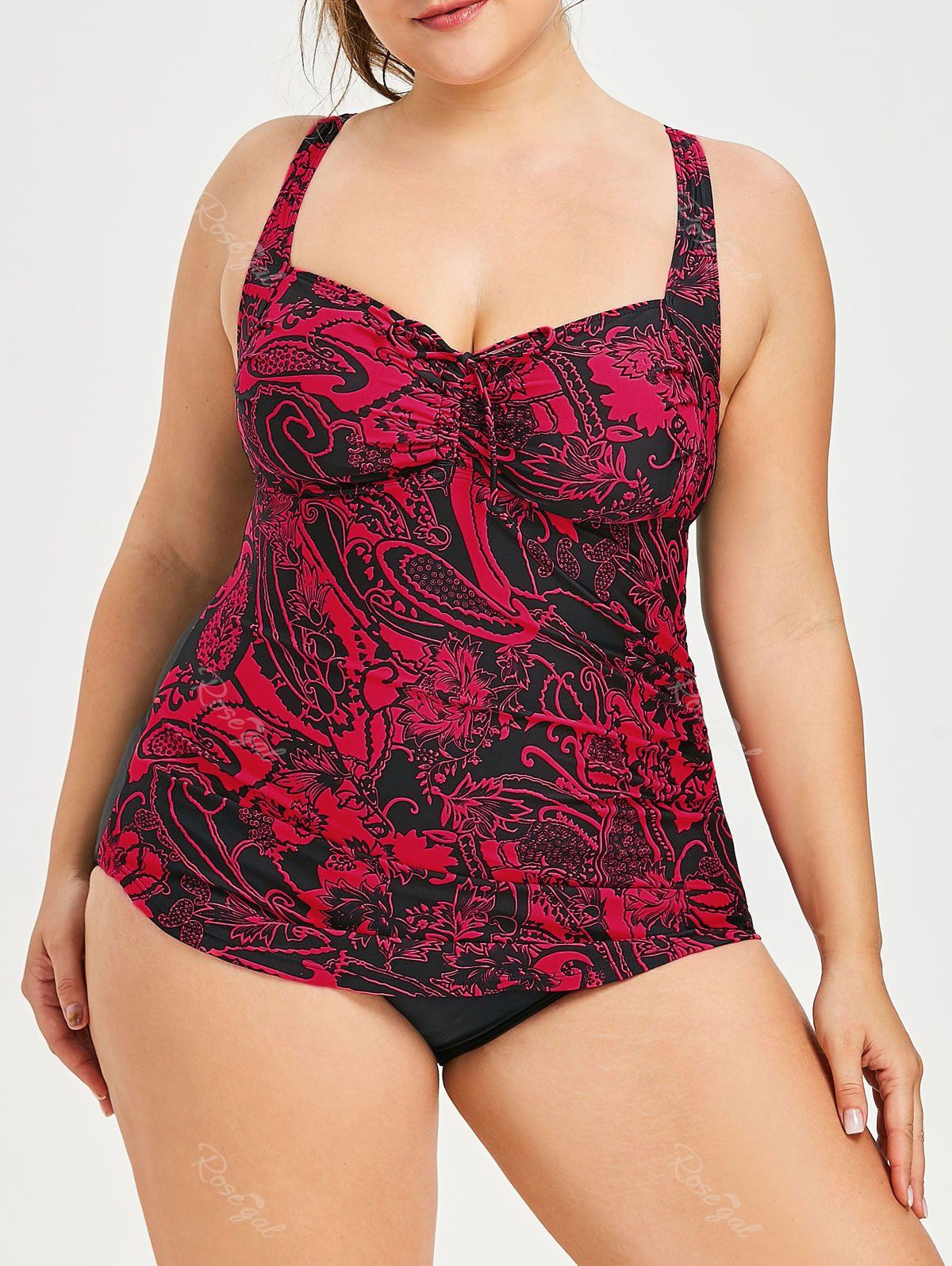 

Plus Size Paisley Print Backless Swimsuit, Deep pink