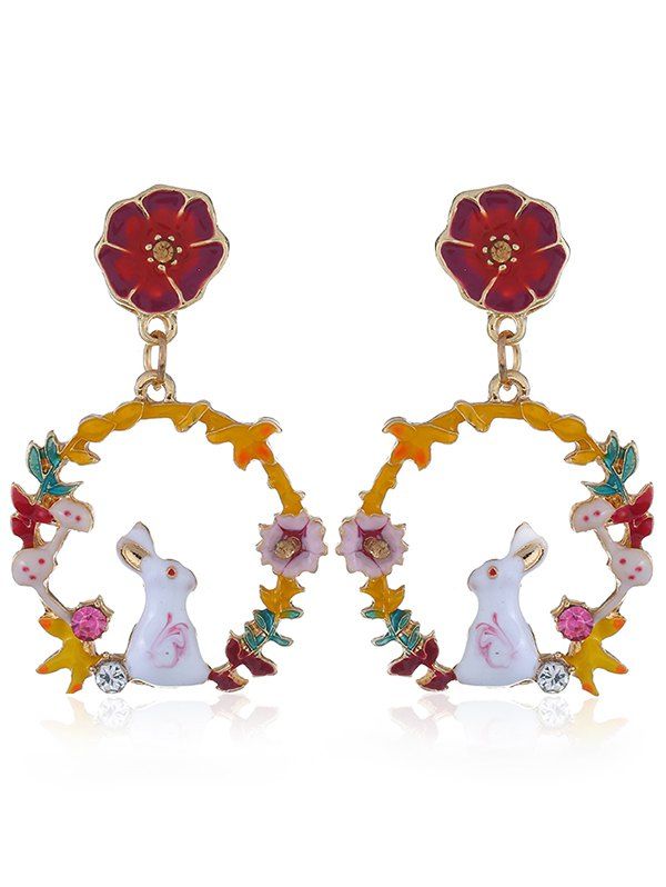 

Rhinestoned Flower Rabbit Drop Earrings, Multi