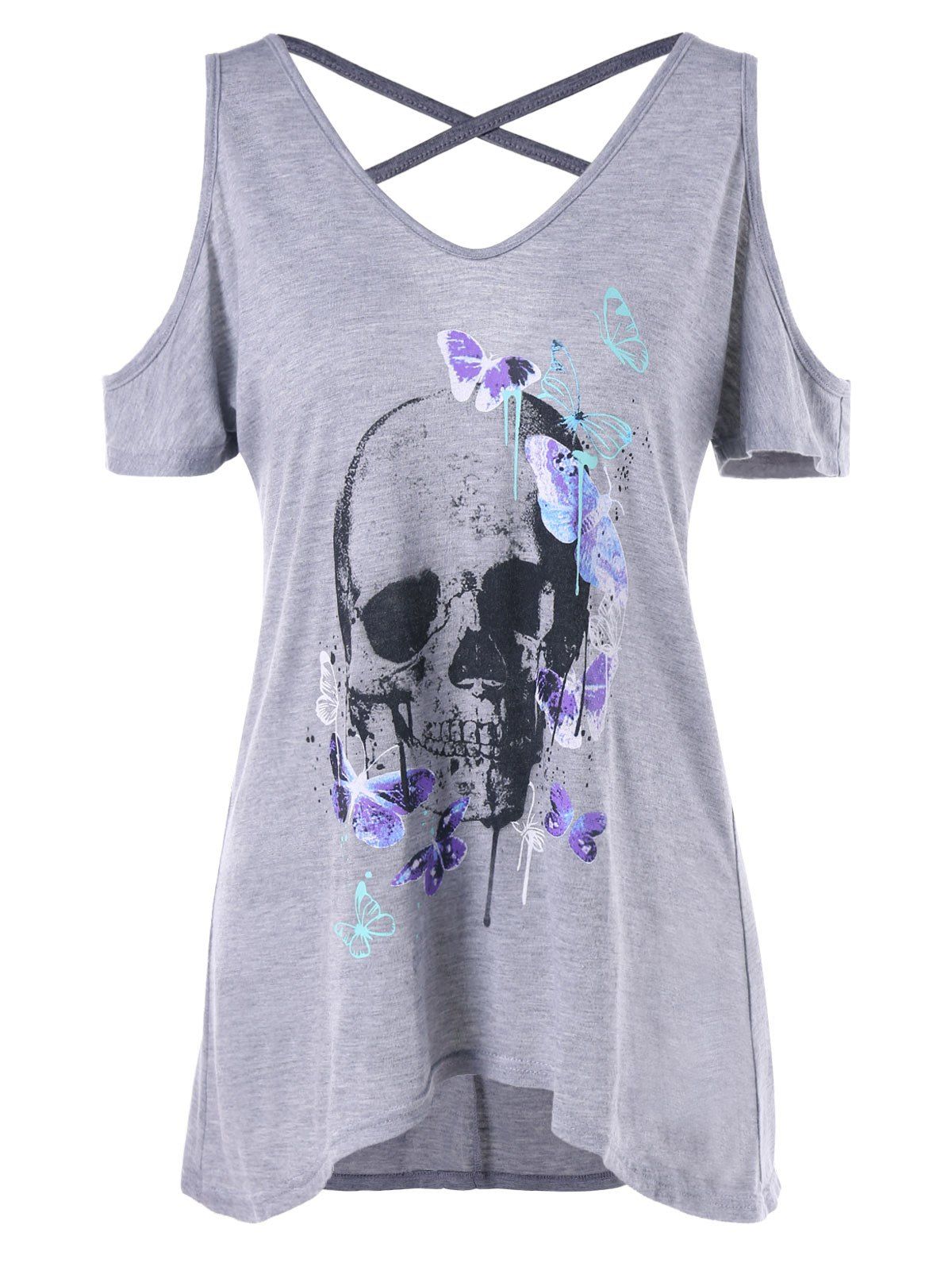 

Skull Butterfly Cold Shoulder Tunic T-shirt, Light gray