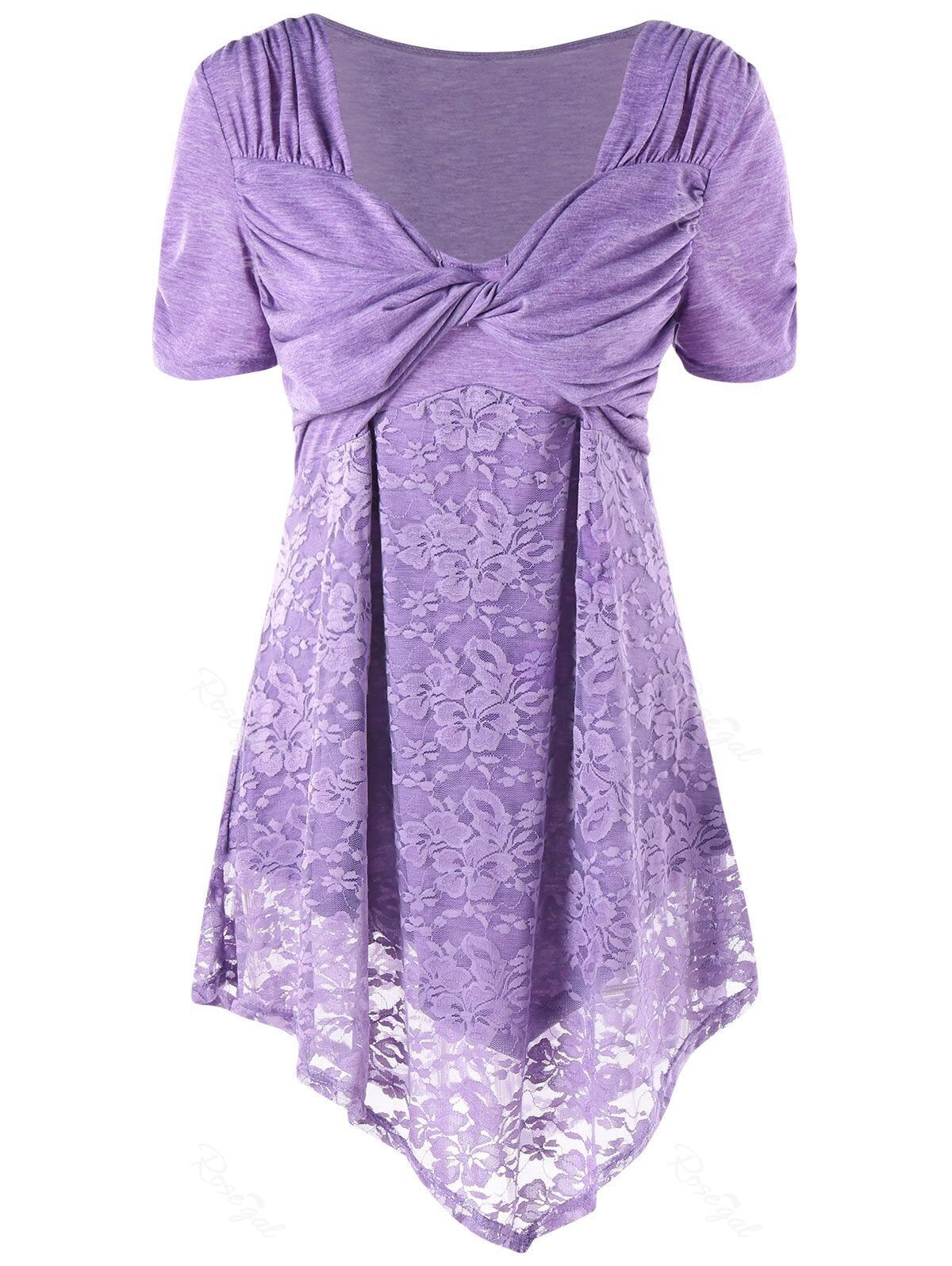 

Plus Size Lace Trim Bow Bust T-shirt, Purple