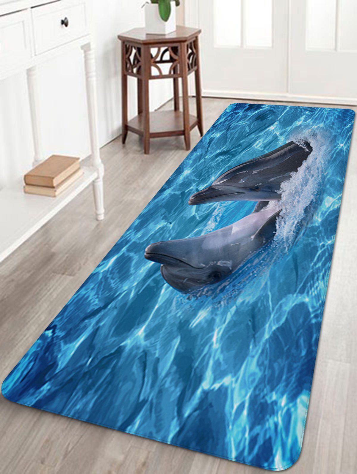 

Sea Dolphins Playing Print Floor Rug, Blue dress