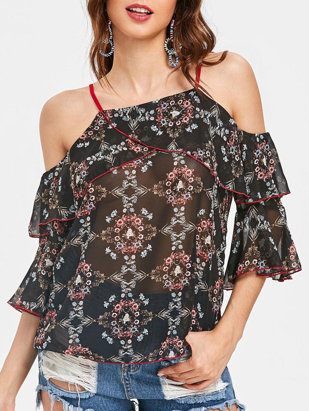 

Flounce Cold Shoudler Floral Chiffon Blouse, Black